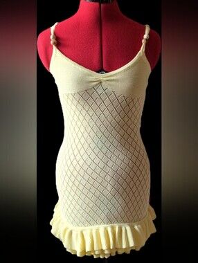 Light Lemon Knit Diamond-Pattern Slip Dress with Ruffle Hem